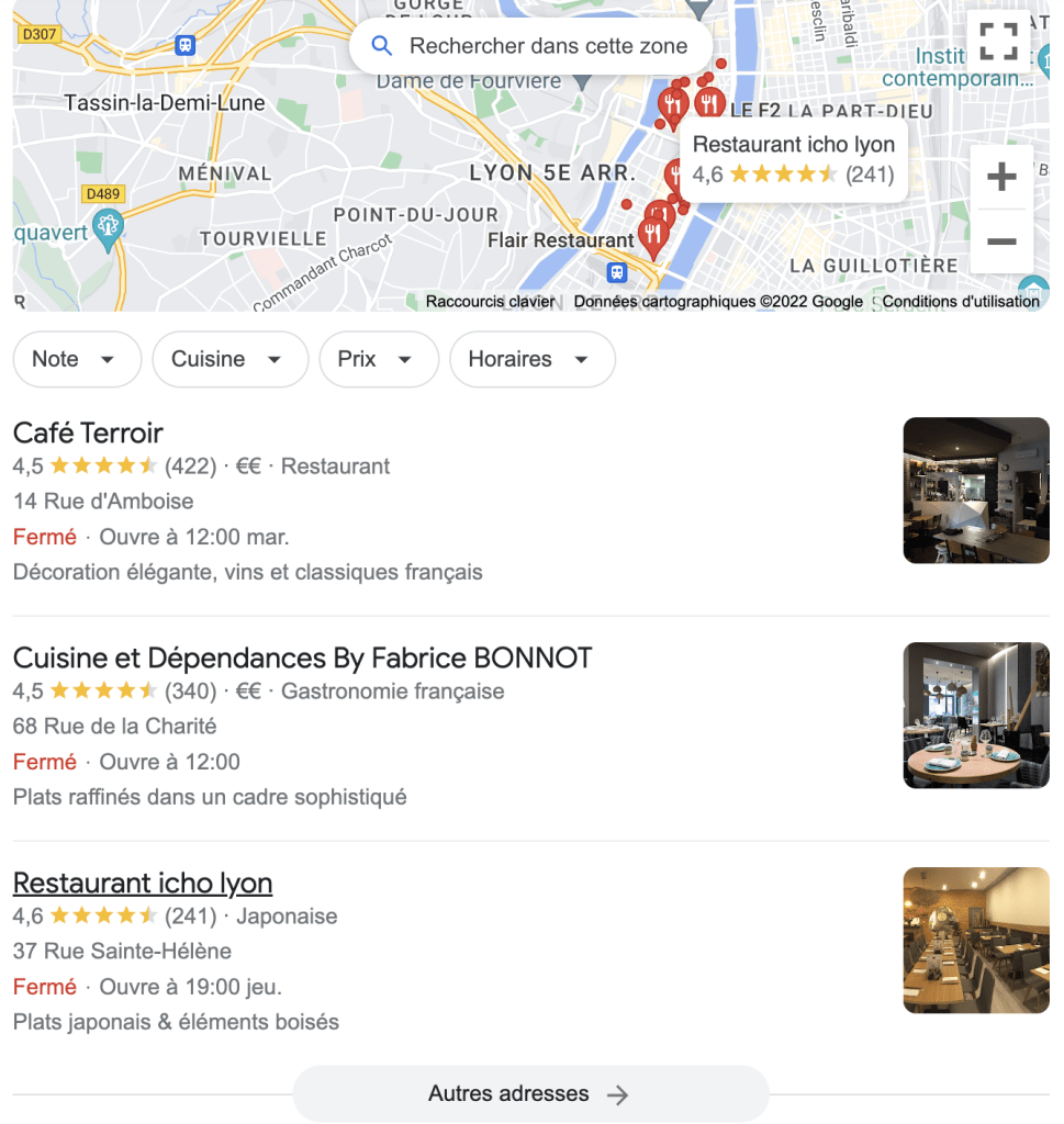 Une capture d'écran du local pack pour une recherche de restaurant