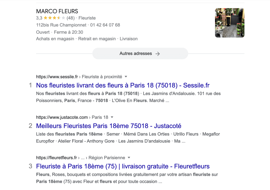 Une capture d'écran des résultats organiques locaux sur Google