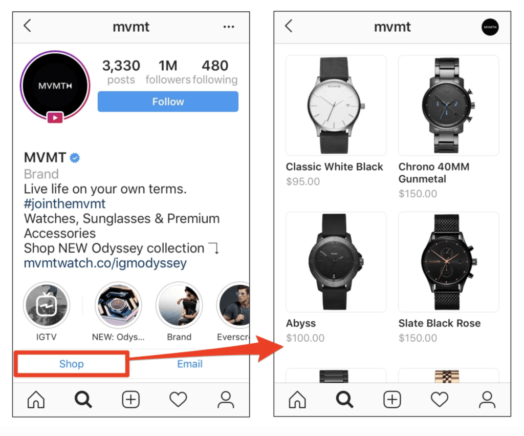 Une capture d'écran de la boutique Instagram de la marque MVMT