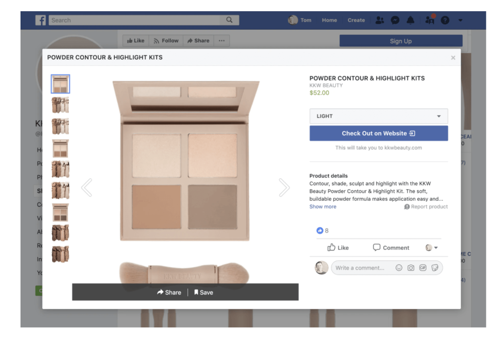 Capture d'écran d'une page produit sur Facebook