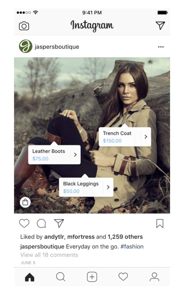 Une capture d'écran qui montre des produits tagués sur une photo Instagram