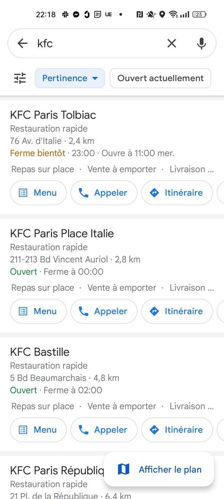 Capture d'écran fiche GBP avec CTA "menu"