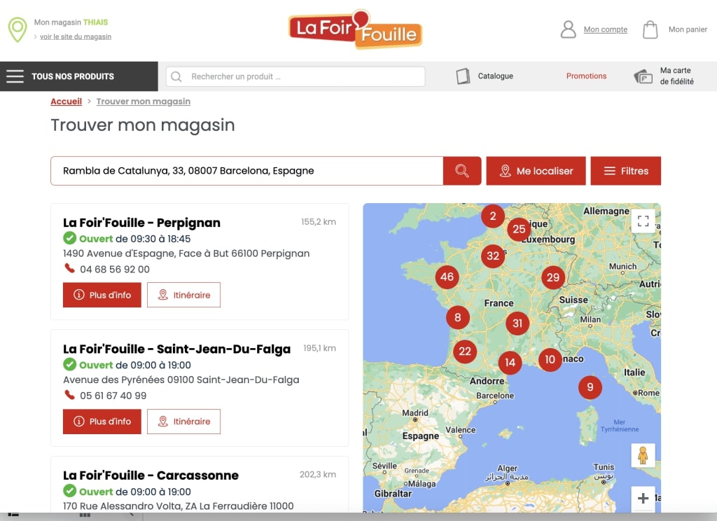 Capture d'écran d'un store Locator sur le site de la Foir' Fouille