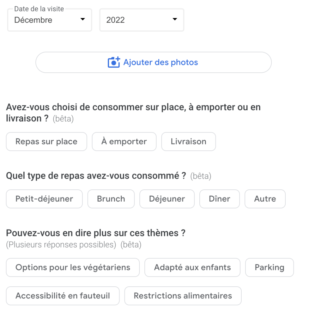 Les champs additionnels en test dans les avis clients. 