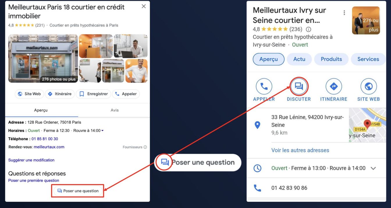 Capture d'écran de l'icône des messages qui s'affiche désormais dans la section Q&A des fiches d'établissement.