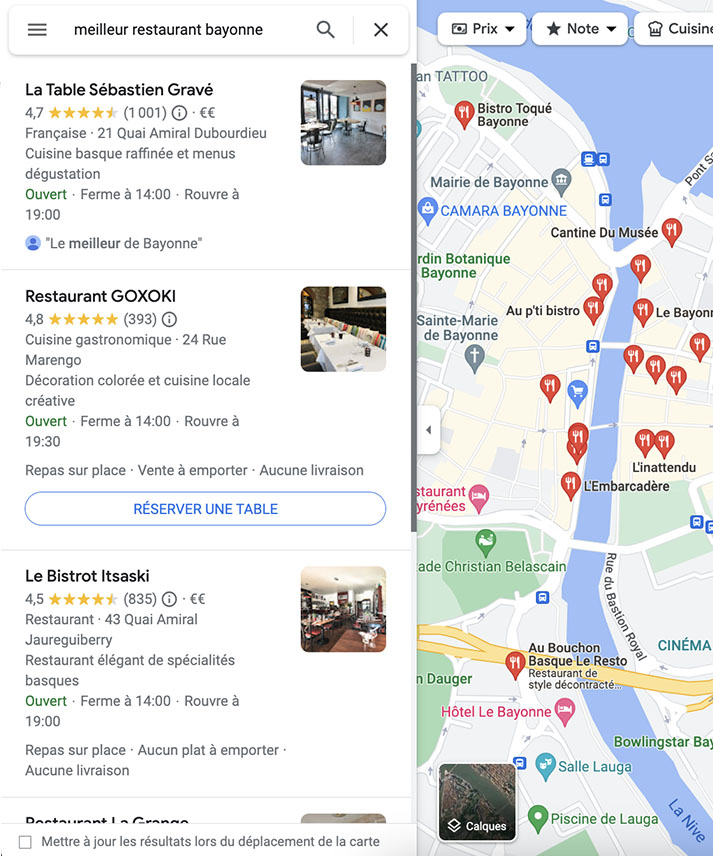 exemples d'une recherche des meilleurs restaurants à bayonne sur google maps