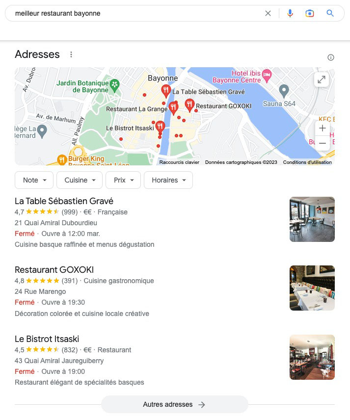 exemple d'un local pack pour la recherche des meilleurs restaurants à Bayonne