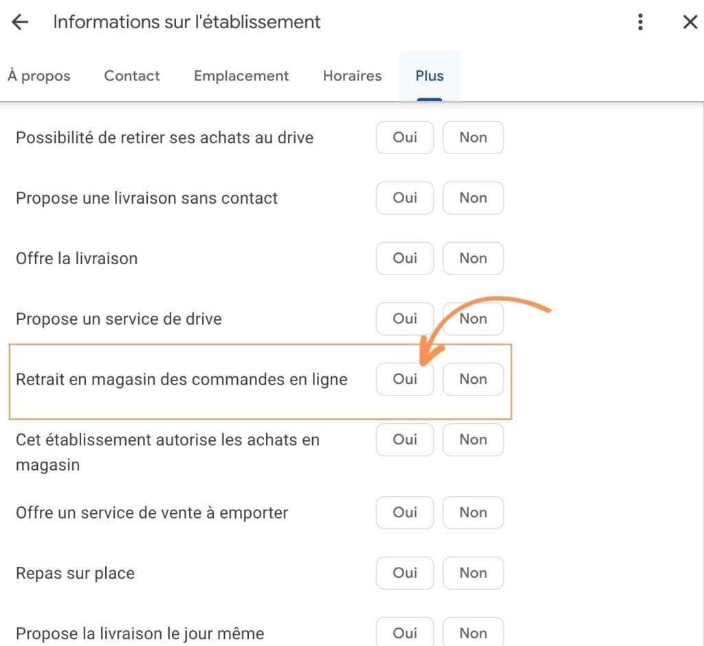 click and collect dans les attributs de votre fiche Google
