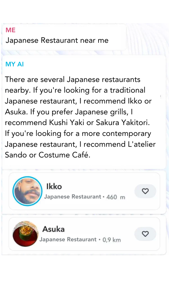 Conversation with Snap's IA for japanese restaurant near me