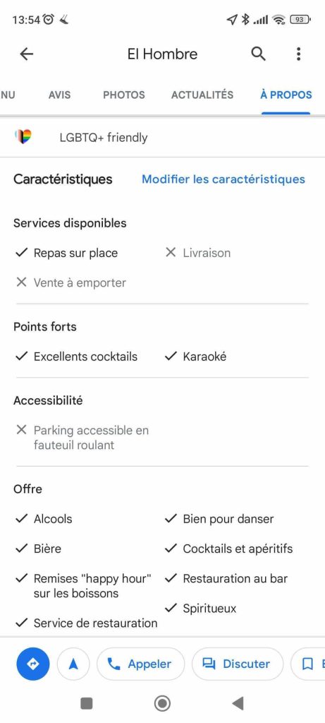 exemples d'attributs sur une fiche google my business d'un bar à cocktails