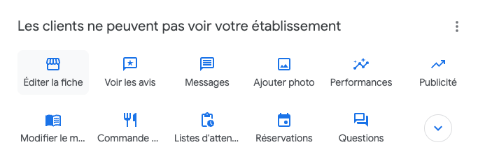 menu d'édition d'une fiche google my business sur desktop