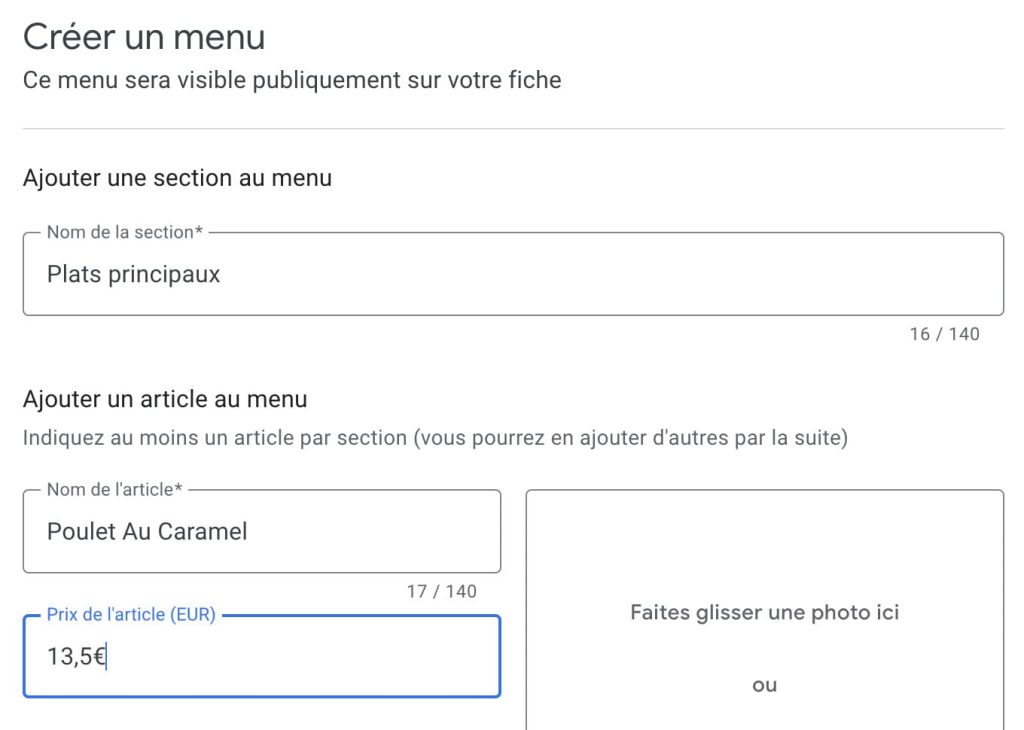 création d'un menu en ligne sur une fiche google
