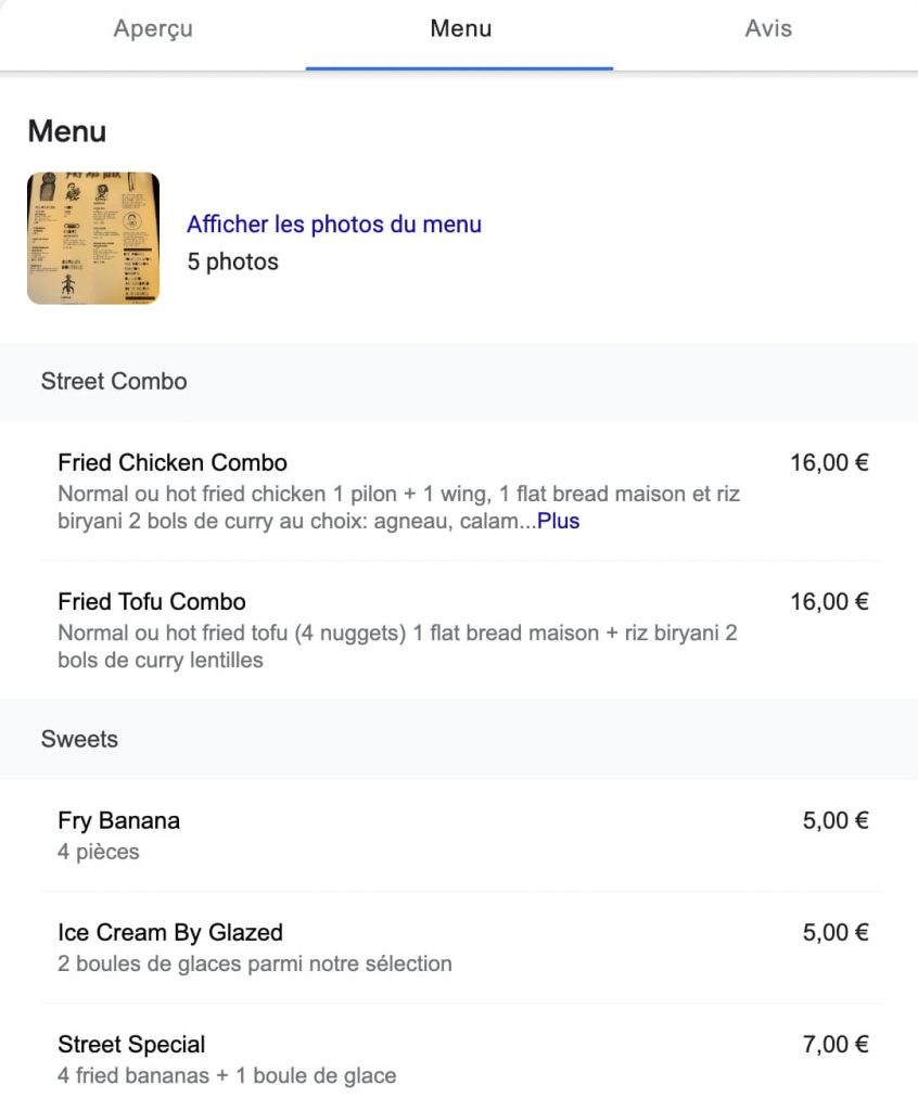 menu en ligne d'une fiche google
