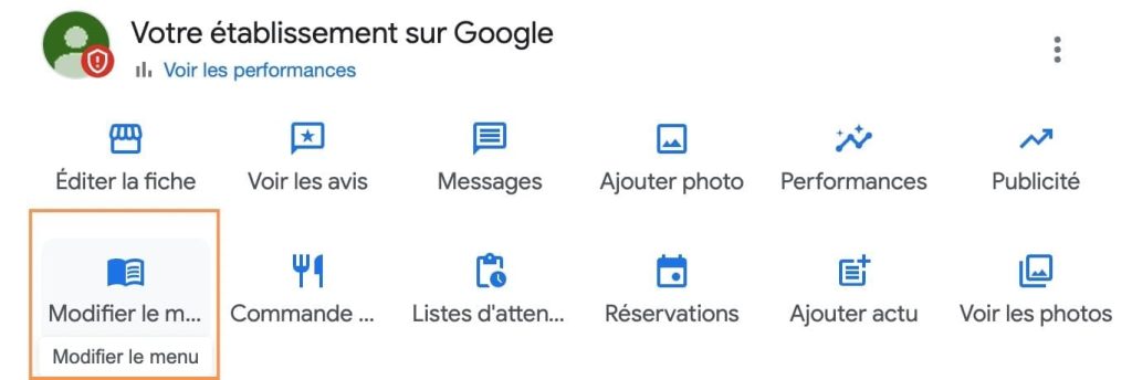 bouton servant à modifier le menu dans le gestionnaire de fiche google