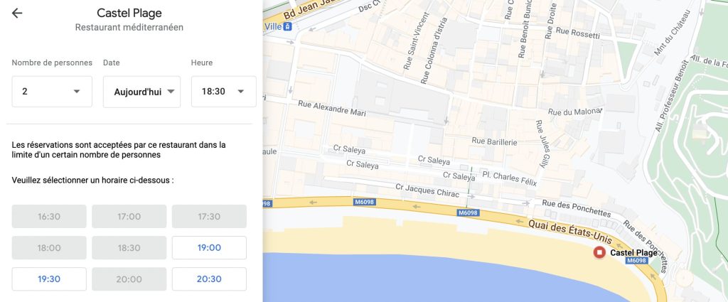 carte google et interface de réservation