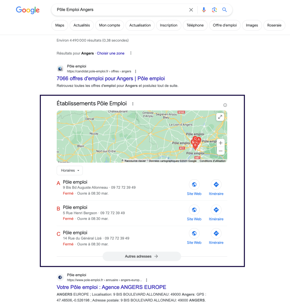 local pack contenant les fiches google pole emploi