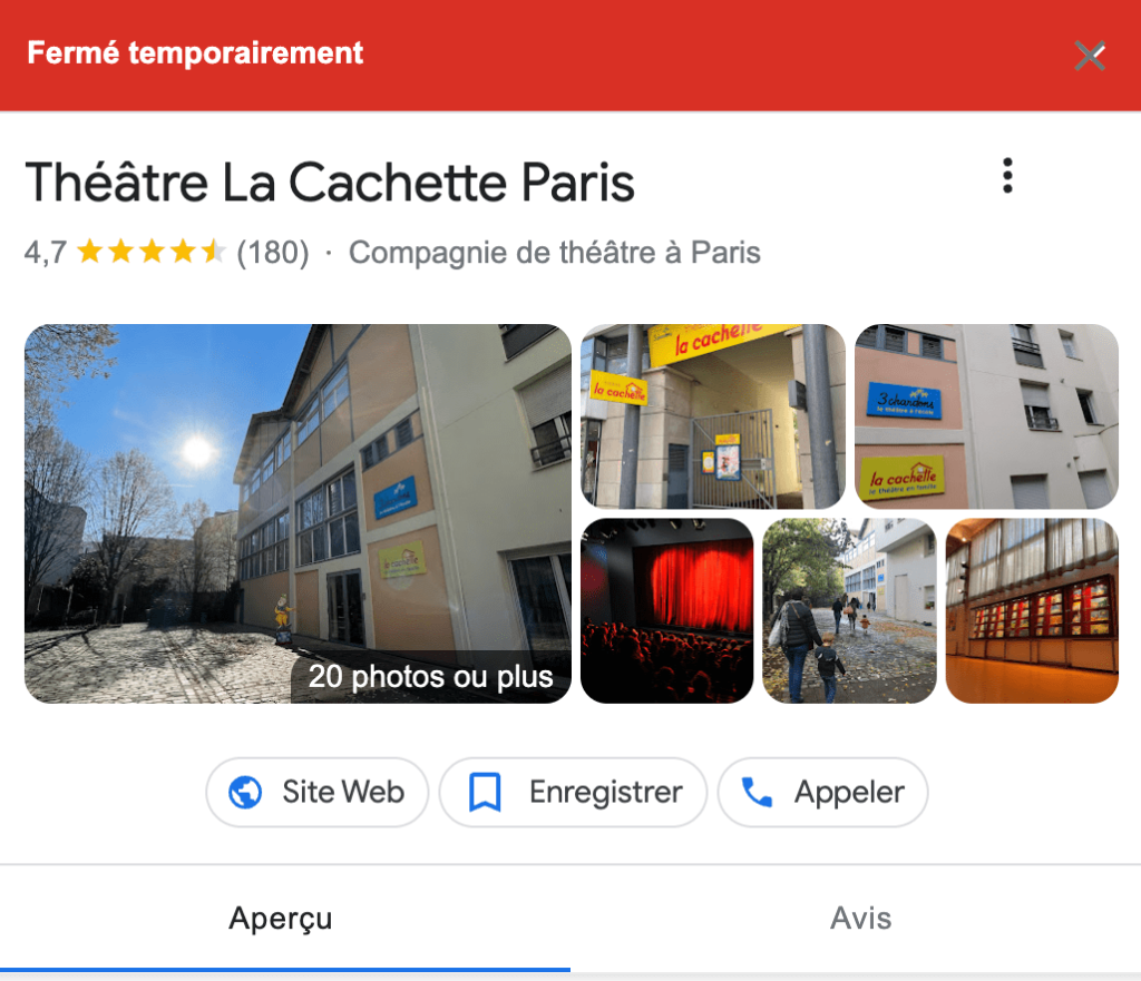 bannière fermé temporairement sur fiche Google