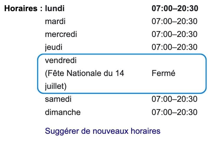 horaires exceptionnels exemple