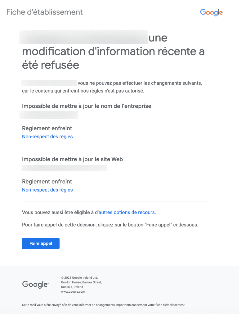 mail de Google de refus de modification