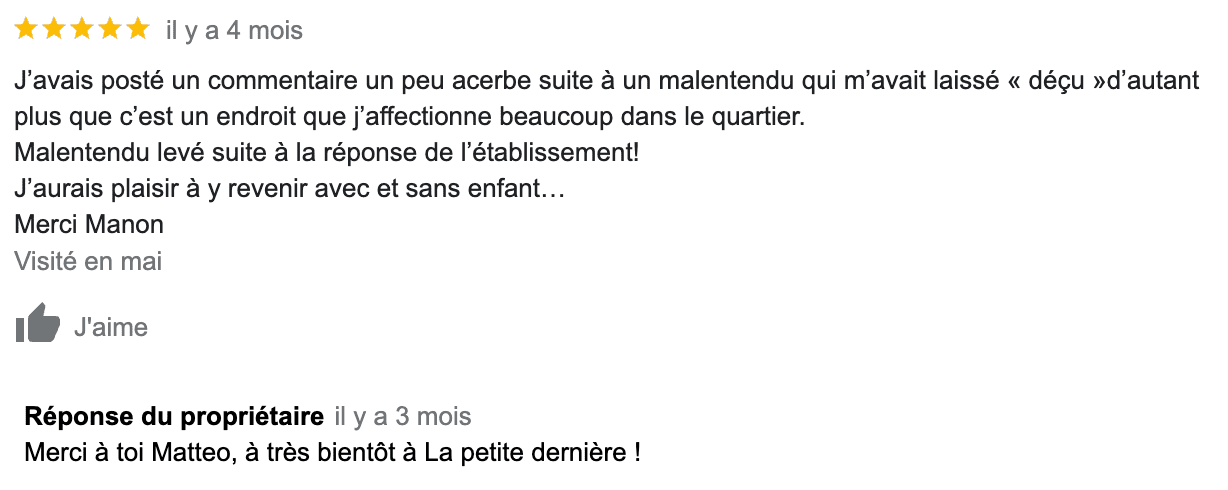 Exemple d’un avis négatif transformé en avis positif grâce à la réponse de l’établissement
