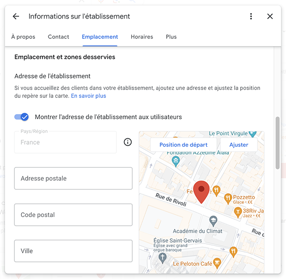 champs à remplir pour renseigner son adresse sur google my business