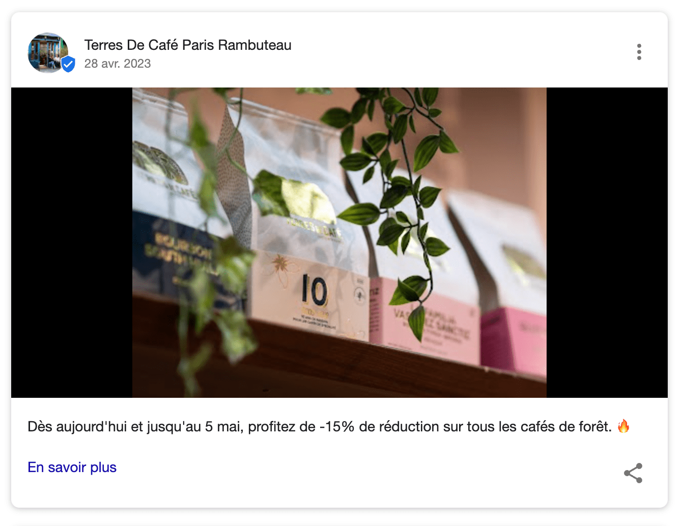 Un exemple de Google Post avec un code promotionnel