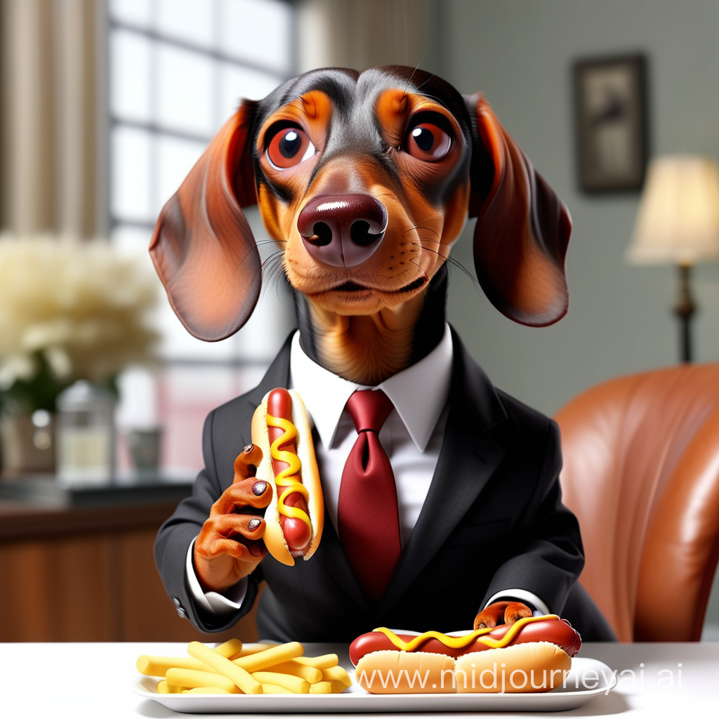 image générée par IA représentant un teckel en costard mangeant un hot dog
