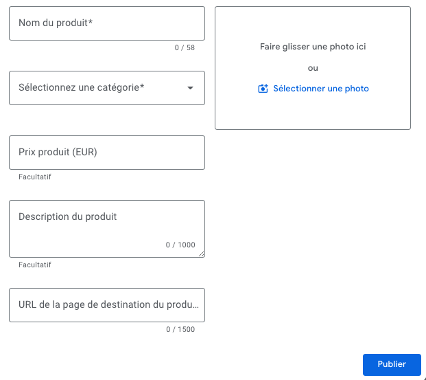 champs à remplir pour ajouter un produit à sa fiche Google 