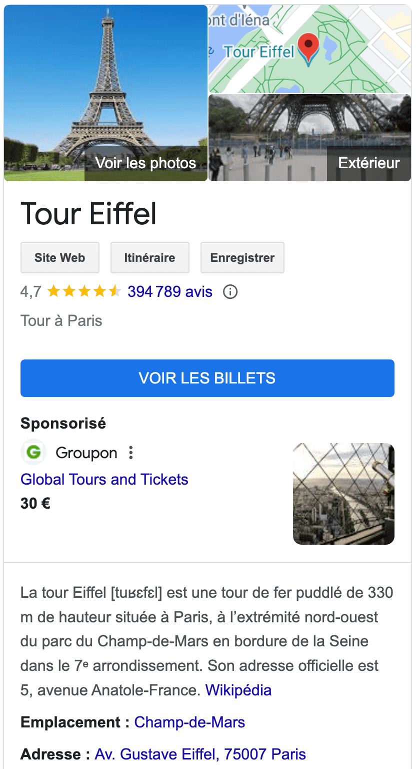 knowledge panel de la tour eiffel