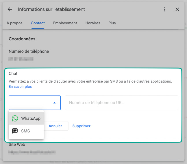 fonctionnalité de chat whatsapp dans la fiche d'établissement google my business