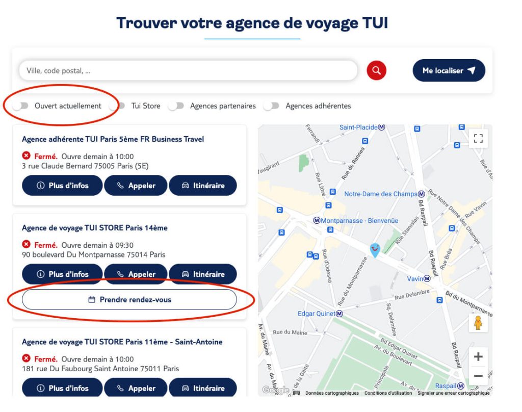 store locator prise de rendez-vous sur la fiche d'un établissement