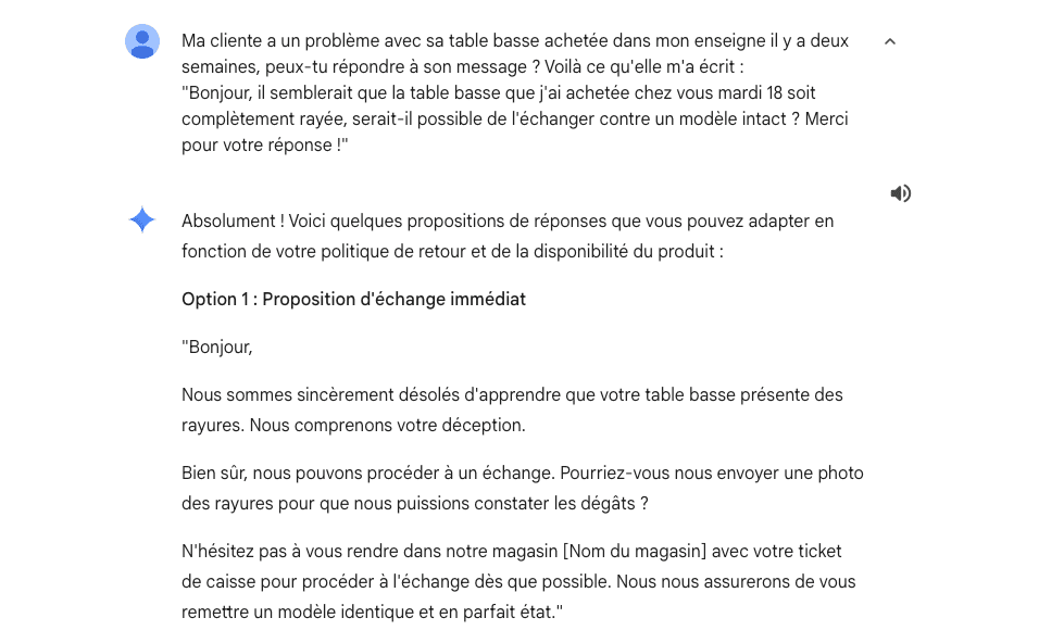 réponse d'une ia generative a une requête client