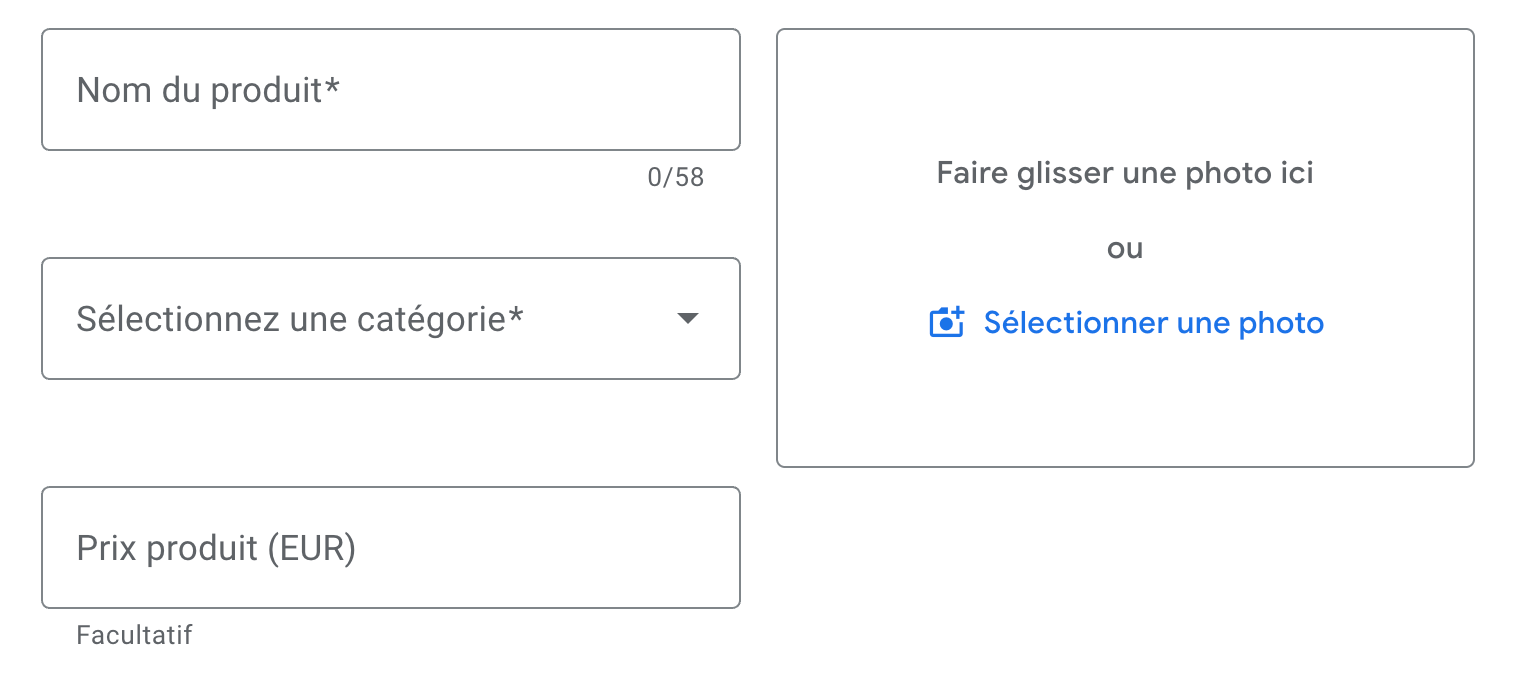 informations à remplir pour ajouter des produits à une fiche google