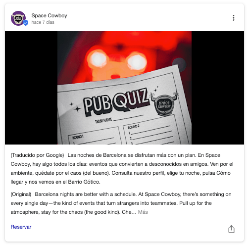 Ejemplo de Google Post con el botón «Reservar».