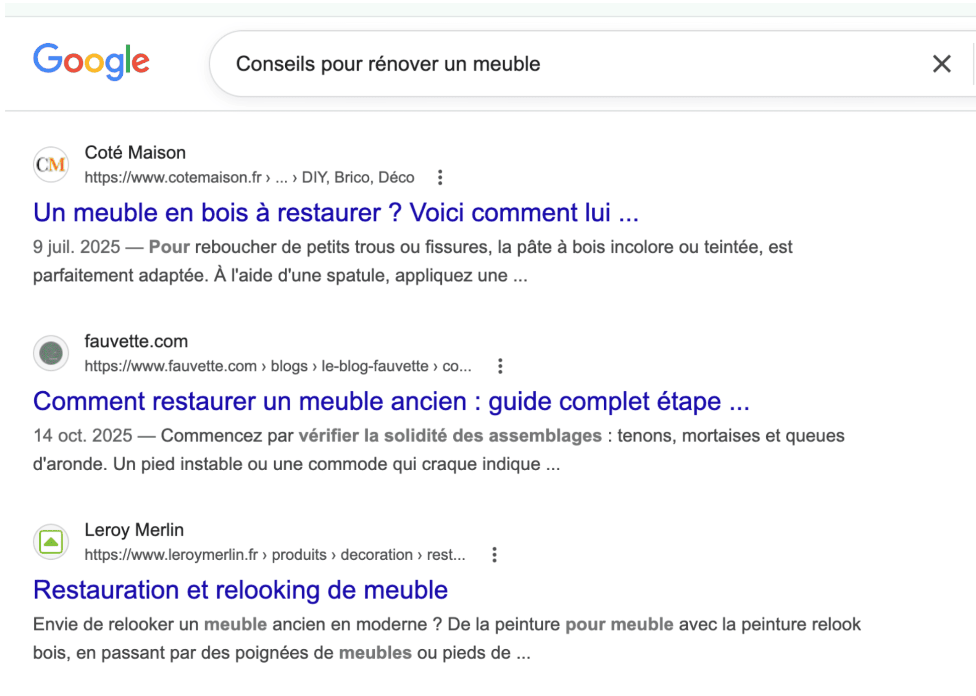 recherche "conseils pour rénover un meuble" sur google