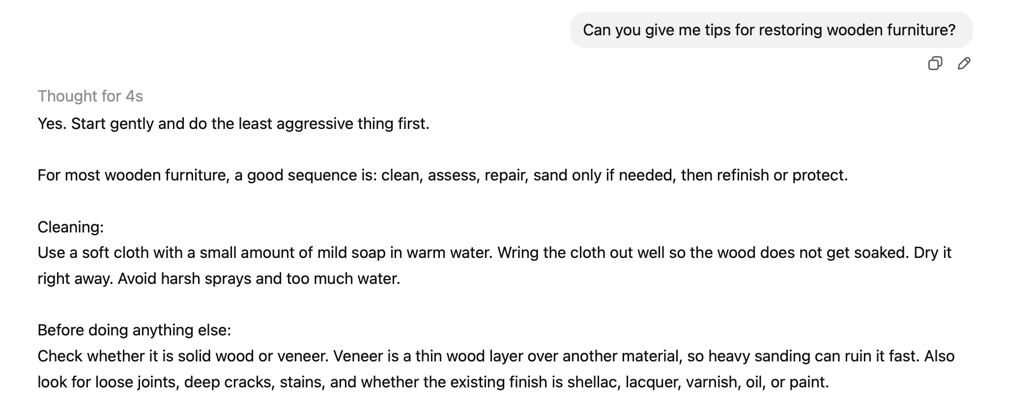 A search for "tips for restoring wooden furniture" on ChatGPT