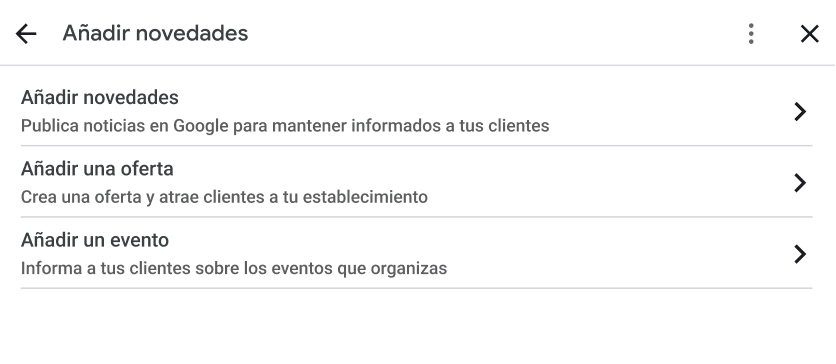 Elegir el tipo de Google Post.