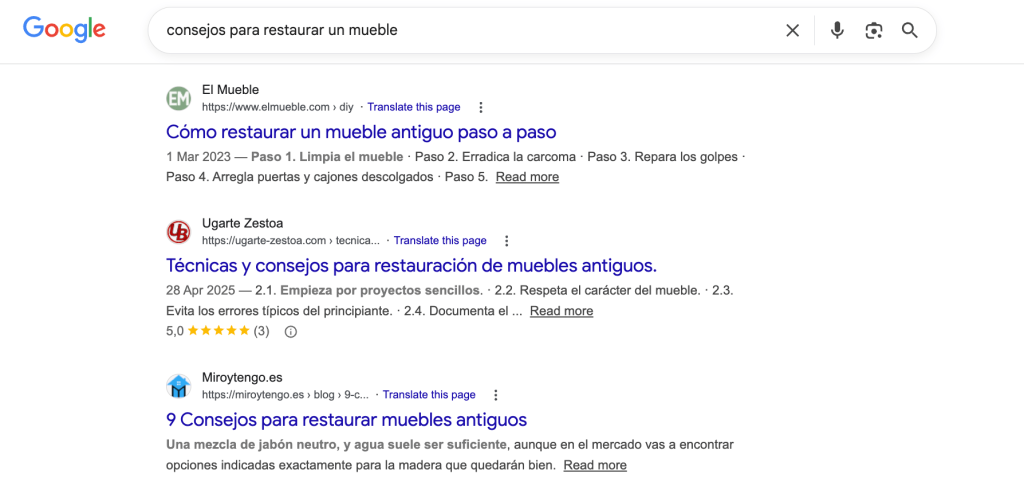 Una búsqueda en Google Search: SEO tradicional