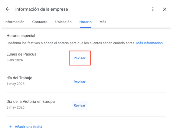 Captura de pantalla del panel de administración de la ficha de Google que muestra cómo añadir un horario excepcional.