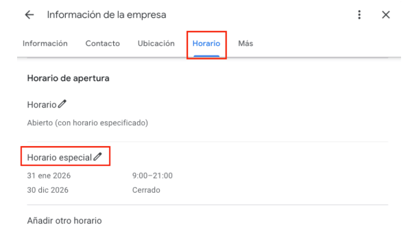 Captura de pantalla del panel de administración de la ficha de Google que muestra cómo añadir un horario excepcional.