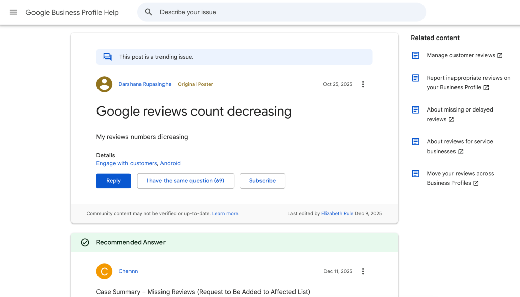 screenshot of google support where a business owner reports google reviews count decreasing
