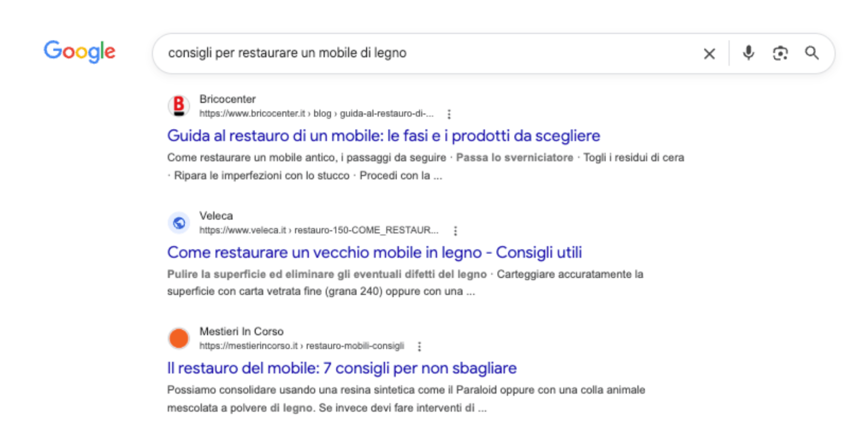 ricerca "consigli per restaurare un mobile di legno" su google