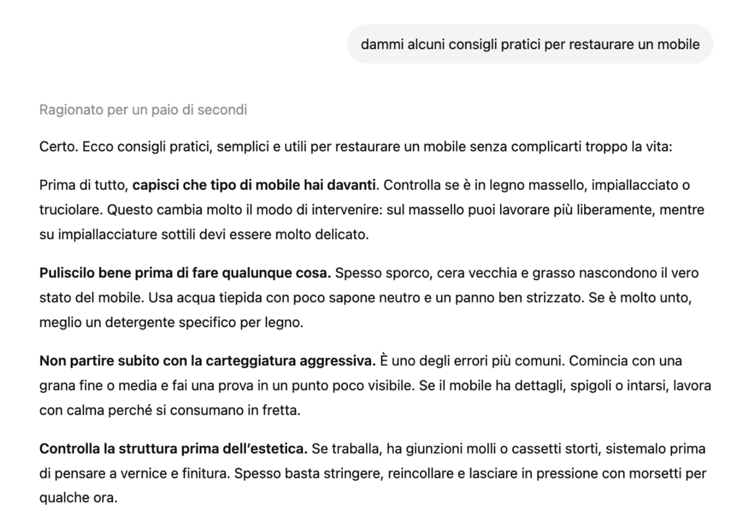 ricerca "dammi consigli pratici per restaurare un mobile" su chatgpt
