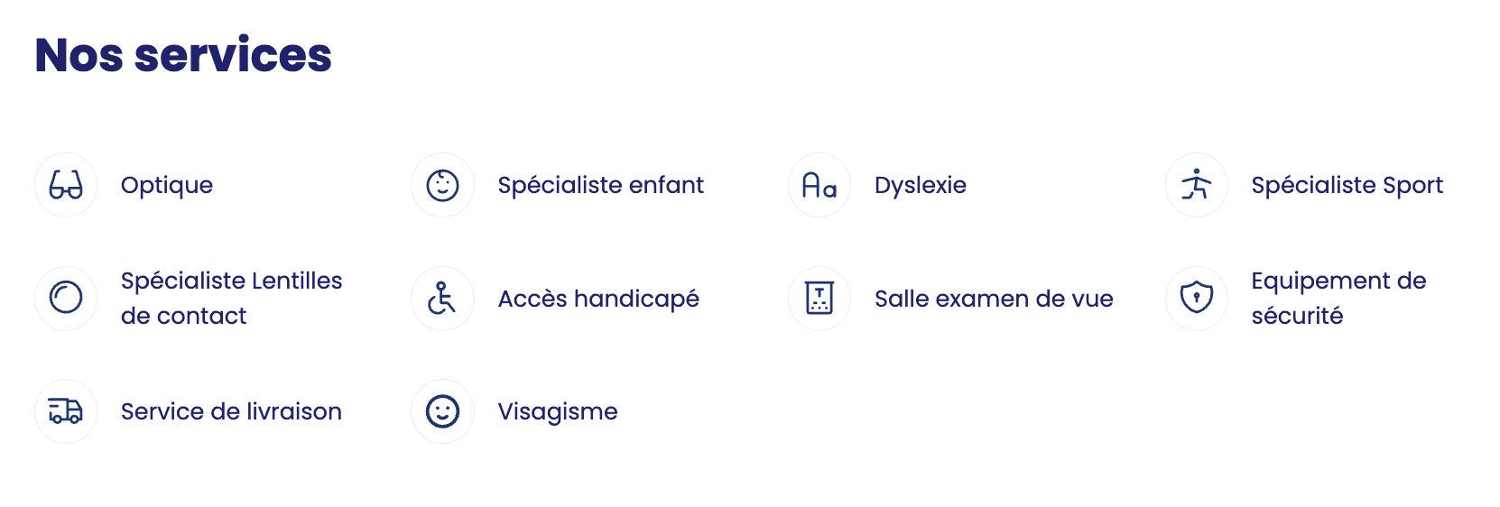 services d'un opticien affich&eacute;s sur la page locale de son store locator