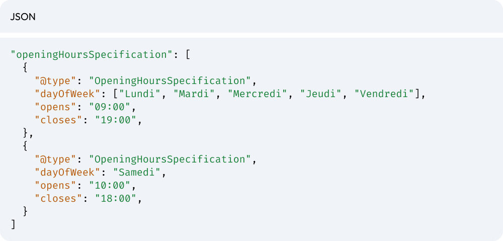 exemple de donn&eacute;es structur&eacute;es pour les horaires d'ouverture