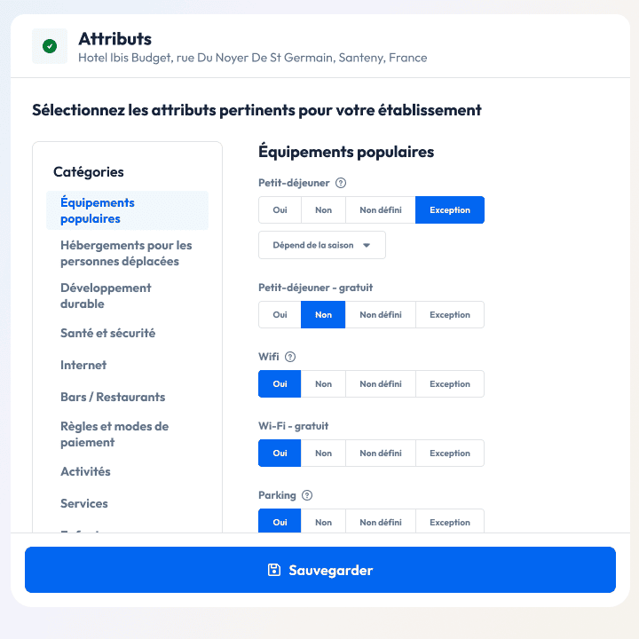 interface partoo avec attributs exceptionnels dédiés aux hotels