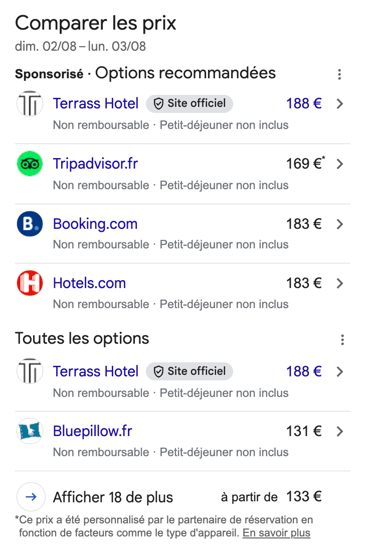exemple de comparateur de tarifs pour un hôtel