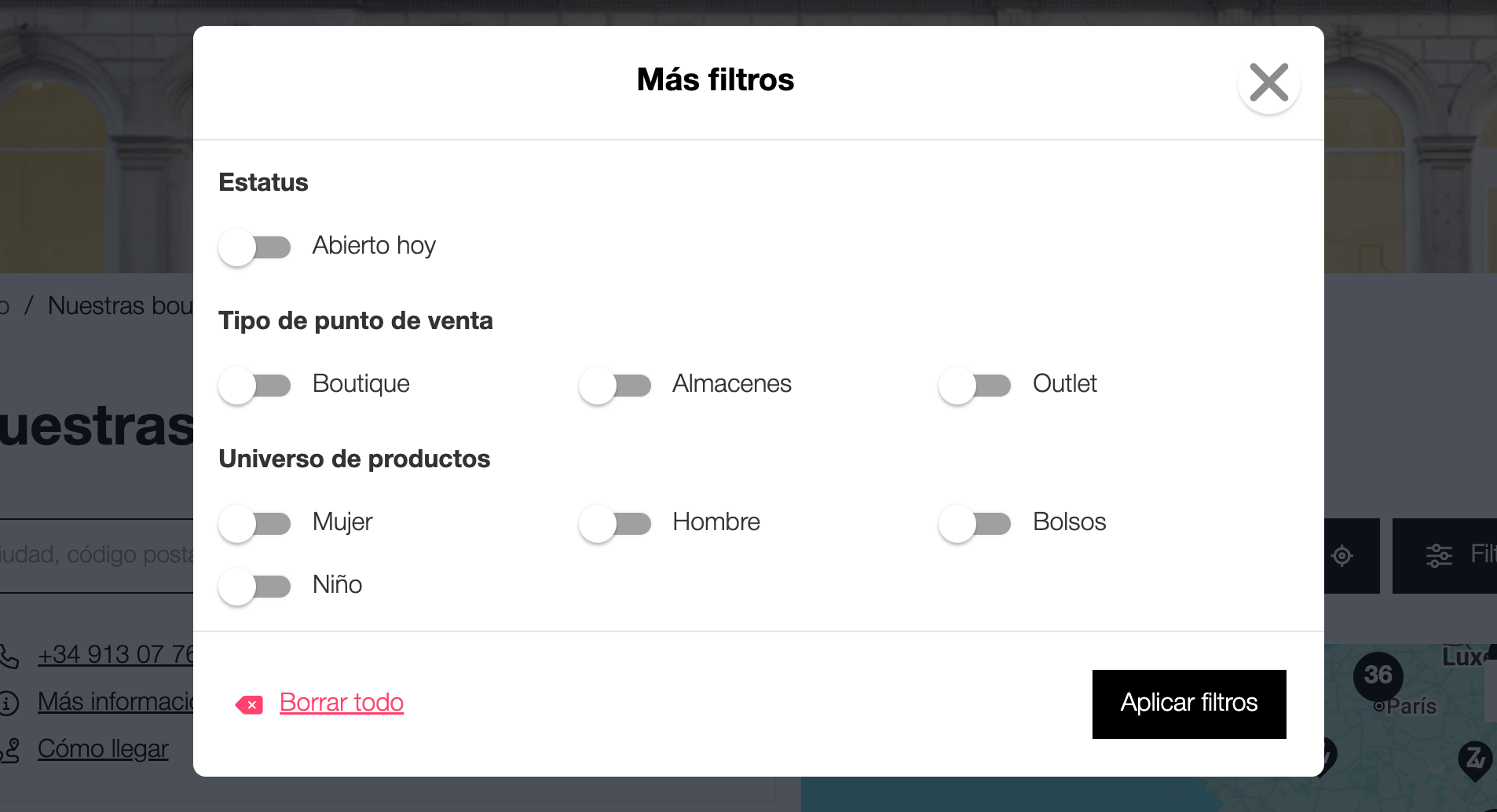 Filtro con opciones disponibles en un Store Locator