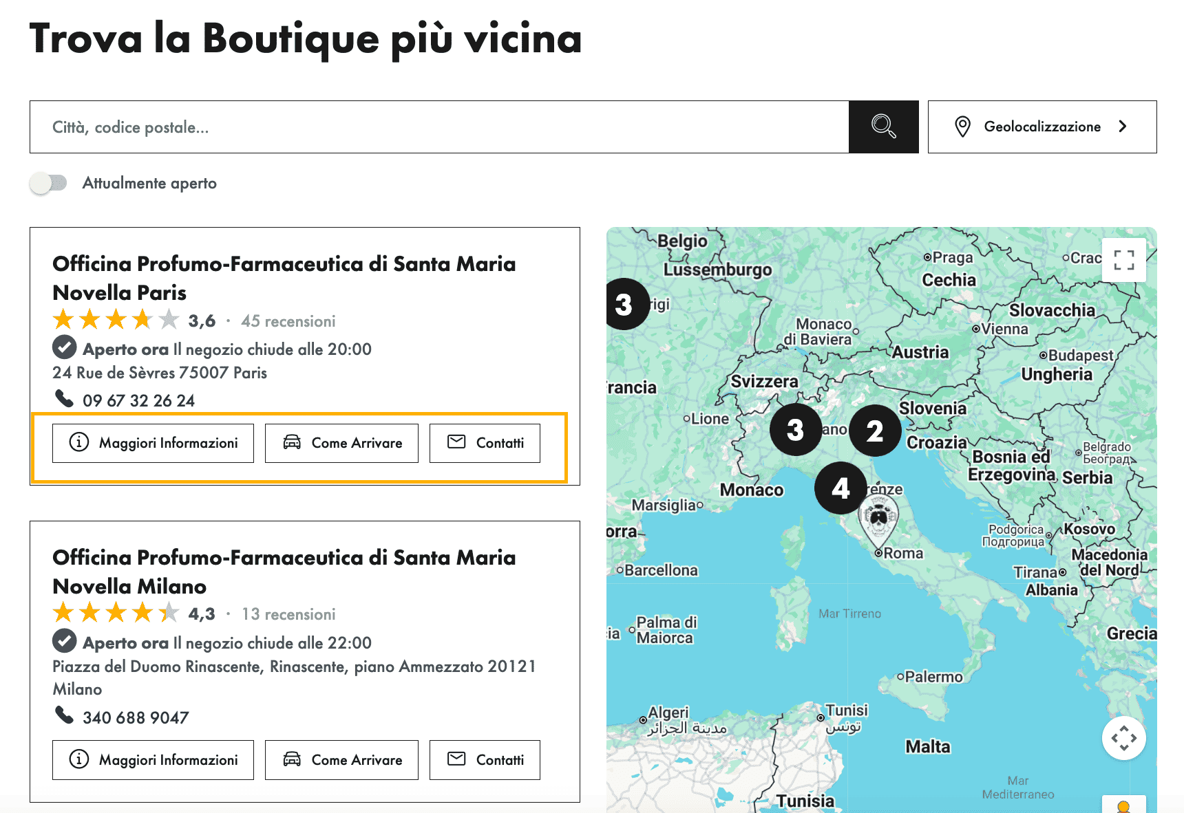 esempio di uno store locator con pulsanti CTA