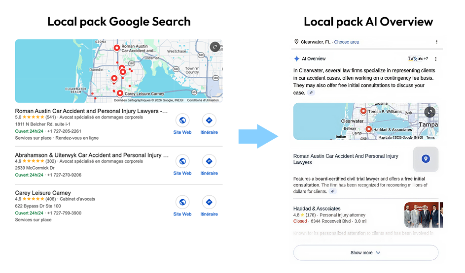 Exemplo de um local pack cl&aacute;ssico substitu&iacute;do pelo AI Overviews